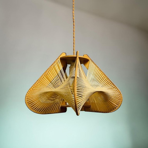 Image 1 of Lampe suspendue vintage en bois et paille de style Japandi, années 1960