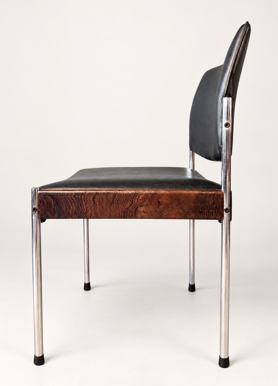 Thereca, 8 vintage Dining chairs, Netherlands, approx. 1960-70, Chrome, Leather, Black (photo 7 of 15)