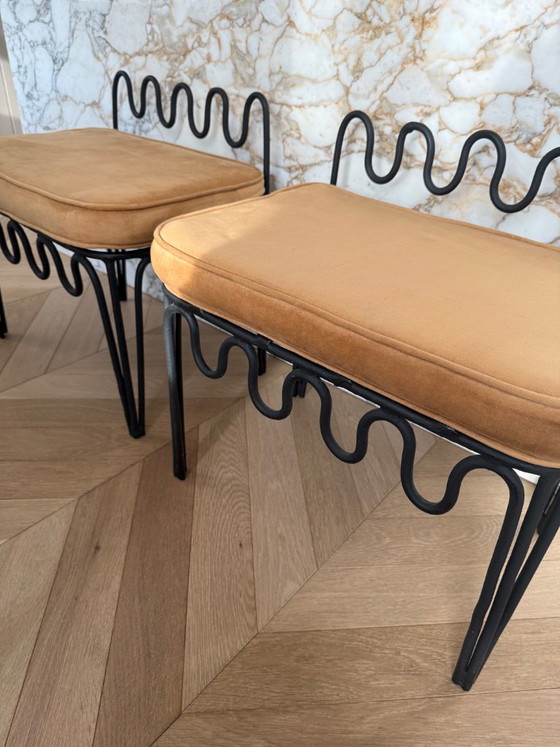 Two stools with black metal frame and ochre velvet seat, Design (photo 4 of 6)