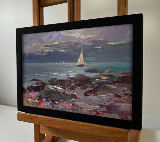Original Oil Painting Evening Coastal Landscape Sailboat Over Blue Waves