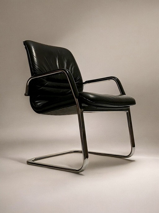 C. 1990 - Black Leather And Chromed Steel Office Chair - Italy -