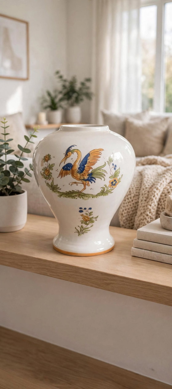 Vintage Franse faience vaas – Moustiers stijl, handgeschilderde vogeldecoratie – Vazen, Porcelain, Ceramic (photo 5 of 5)