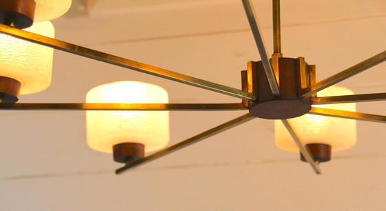 Image 1 of Lampadario scandinavo a otto luci, teak, ottone e opalino, metà secolo