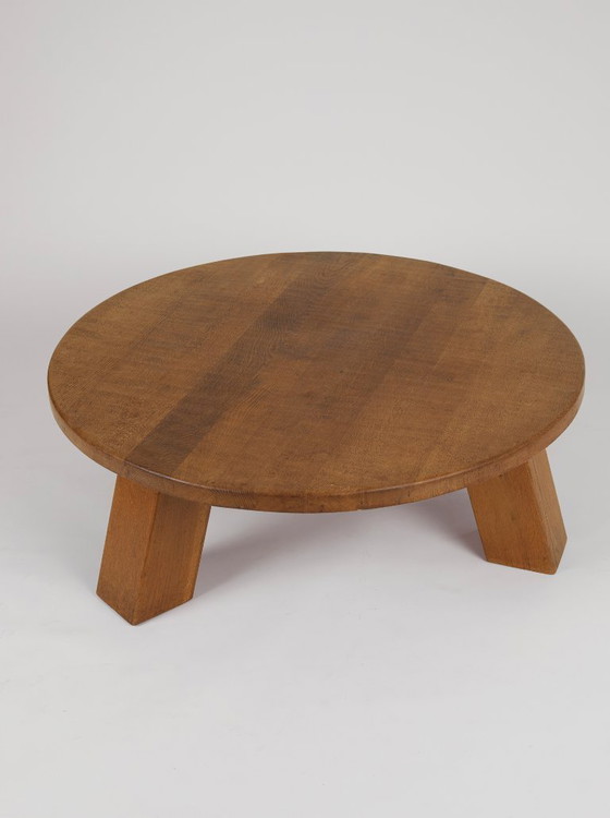 Image 1 of Vintage Brutalist round tripod coffee table in solid oak, circa 1960