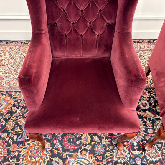 Set Chesterfield Sessel, Samt rot – Holz (photo 5 of 10)