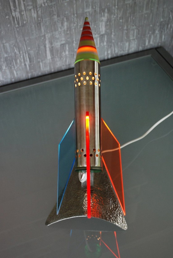 Image 1 of Rocket lamp, Red Yellow Blue made of stainless steel 1970s Space age, handmade