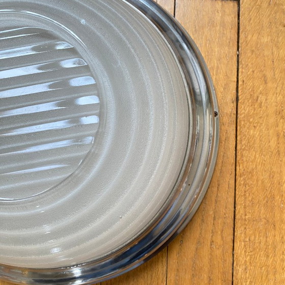 Image 1 of Wall-mounted ceiling light in thick glass with chrome-plated metal support, Holophane type