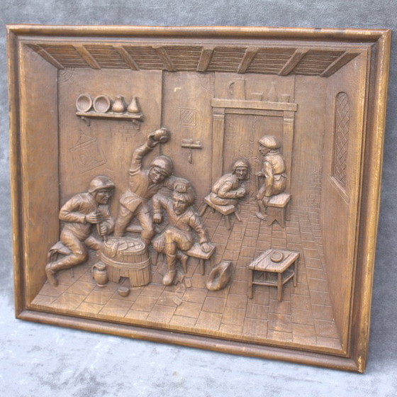 Image 1 of Faux Wood Carved Wall Panel 18 x 15 inch drunk men in an old pub 45,5 x 38 cm Vintage Home Decor wall art architectural salvage
