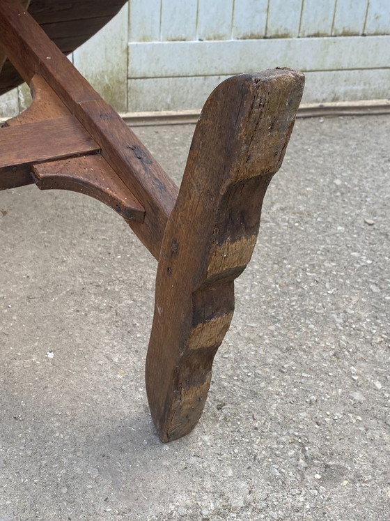 Image 1 of antique folding round winemaker's target table with tilting top