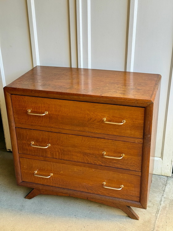 50s/60s Vintage Wooden Dresser with Compass Legs, Chest of drawers, Gold, Mid Century Modern (photo 4 of 17)