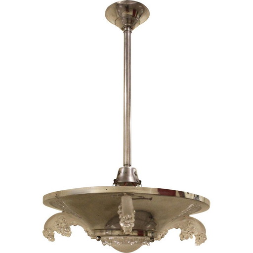 Lampe suspendue Art déco en verre et métal pour Ezan, France années 1920