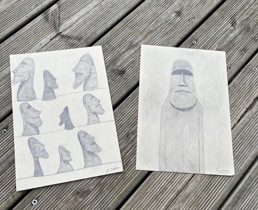 2 A4 Moai Graphite Drawings