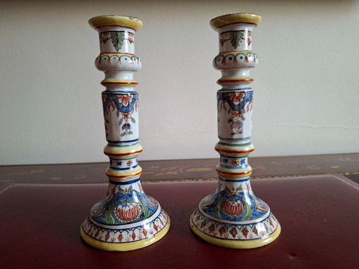 Pair of antique earthenware candlesticks from Desvres, Gaëtan Level, 1880-1900