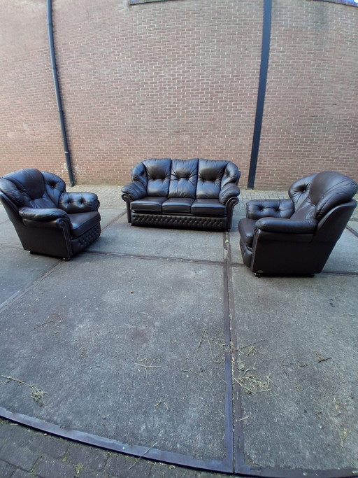 Set di divani Chesterfield di Springvale 3+1+1 – bankstel, Wood, Leather