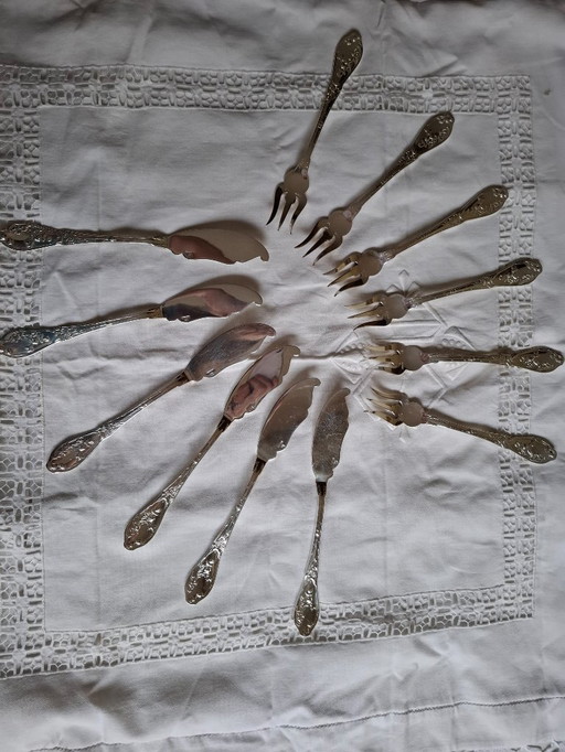 6 couverts à poisson argentés art nouveau 'Chardons' orfèvre Boulenger