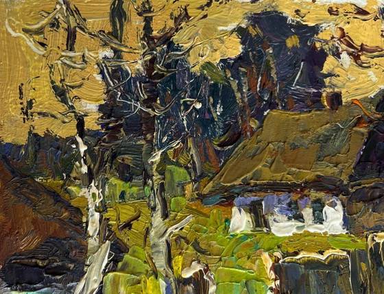 Image 1 of Original Oil Painting Autumn Forest Landscape Houses near the forest