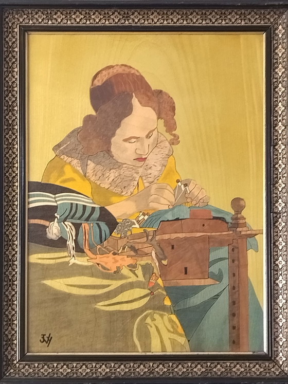 Vintage Wooden Painting The Lacemaker Vermeer 51x40cm, Art, Black (photo 4 of 11)