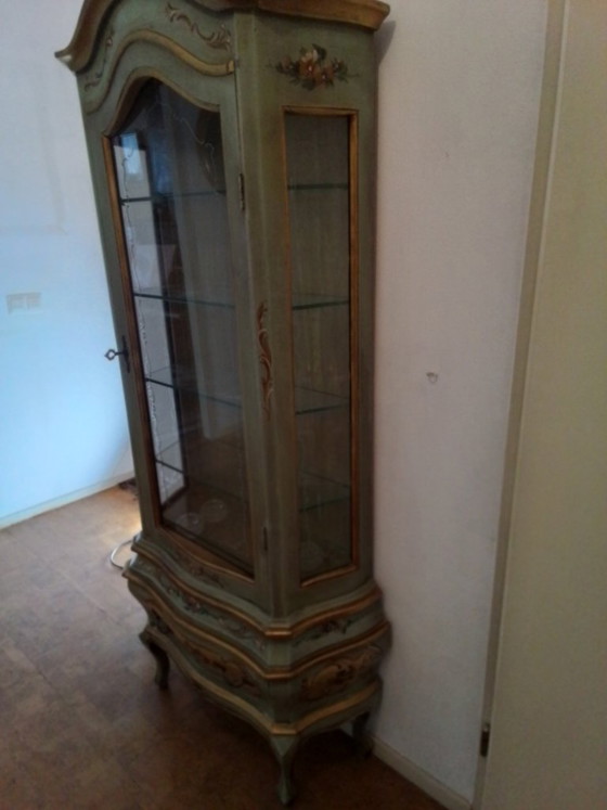 Vitrine im venezianischen Rokoko-Stil, Glas, Holz, Mintgrün (Foto 4 von 5)