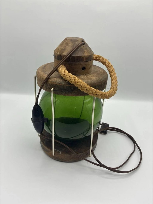 Marinelantaarn - Groen geblazen glas - Gedraaid hout en gevlochten touw - Geëlektrificeerd – decoratieve objecten, Wood