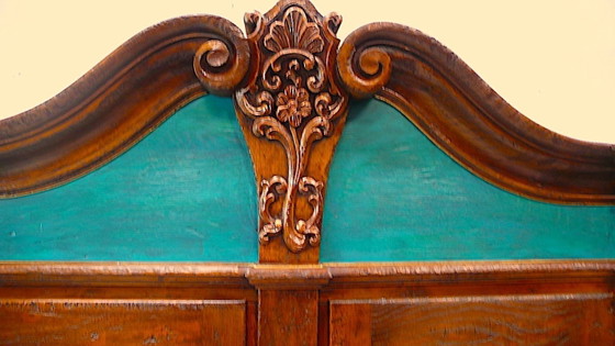 Armario, mueble de recibidor, 2 puertas, 2 cajones, estilo barroco, siglo XVII, en roble con turquesa, cobre, (photo 4 of 6)