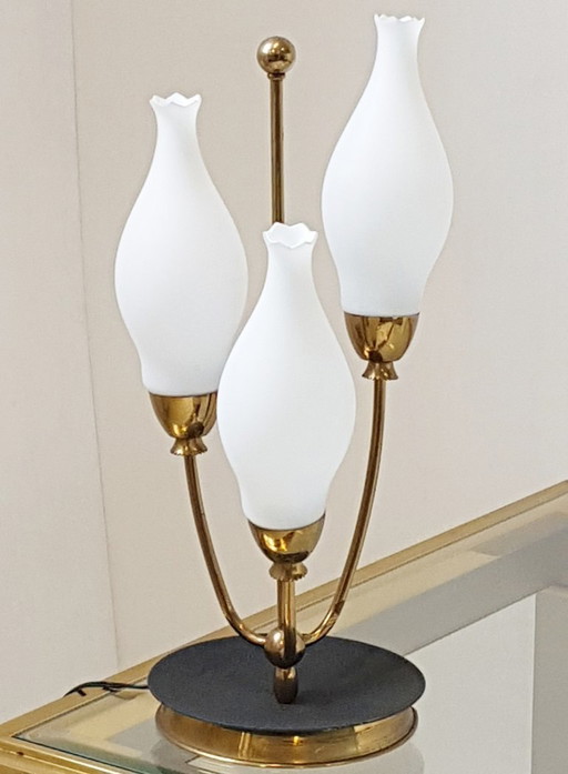 Maiglöckchen-Tischlampe, Vintage-Rockabilly-Stil der 1950er Jahre, Messing und Glas, 1950er Jahre