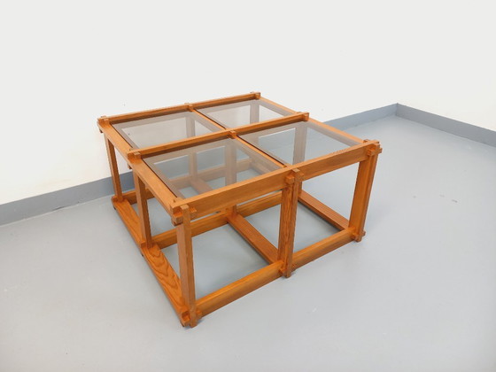 Image 1 of Vintage square coffee table in pine and smoked glass from the 70s/80s