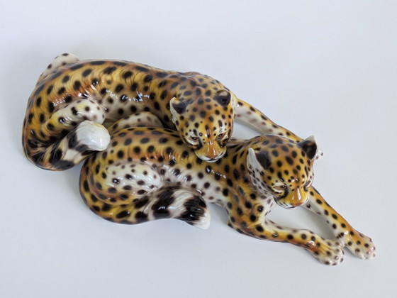 Image 1 of Large Italian Midcentury Porcelain Leopard Pair Sculpture Hollywood Regency Ronzan Style