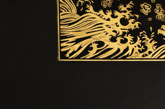 Image 1 of Pair of Chinoiserie Black Lacquer Bedside Tables with Gilded Dragon Engravings, 1980’s