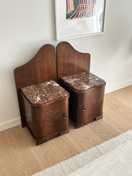 Art Deco Nightstands - Red Marble & Wood