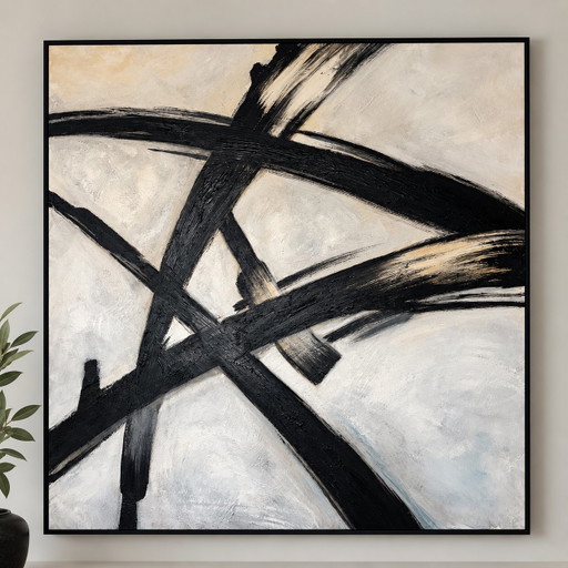 Kunstkartel Handgemaltes Abstraktes Gemälde 100 X 100 Cm | Schwarz Off-White Creme