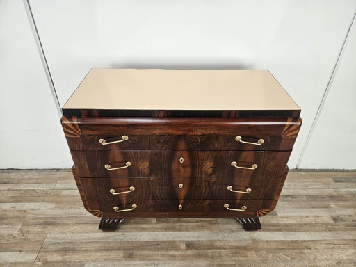 Art Deco commode in mahonie en roze esdoorn met spiegelblad.