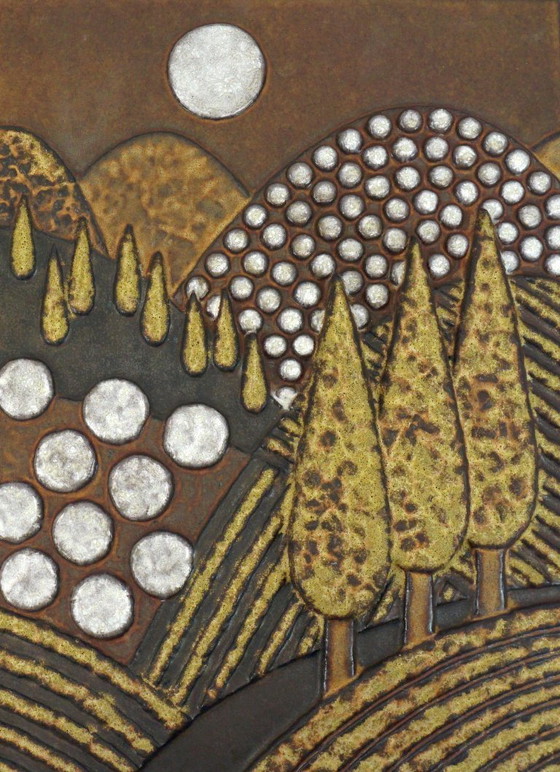 Image 1 of Majolika Karlsruhe - Gran panel de pared de cerámica con paisaje de cipreses, años 70, modelo n.º 7854, Dietmar Liedke