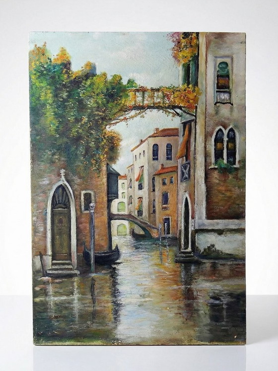 Image 1 of Pintura veneciana, óleo sobre tabla, canal y fachadas antiguas.