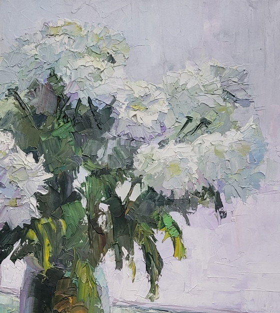 Original Oil Painting Still Life Chrysanthemums Flowers on the Window – Paintings & Drawings, Canvas (photo 5 of 7)