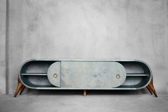 Image 1 of Vintage Mid Century Italiaans Modern Turquoise Streamline Dressoir in Berk, 1960