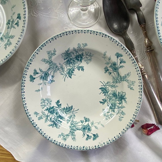 Image 1 of Set of 6 antique Sarreguemines ironstone soup plates, Elvire pattern, green and blue