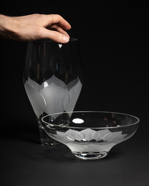 Rosenthal Bjorn Wiinblad LOTUS Large Glass Vase H23,5cm & Matching Bowl D20cm