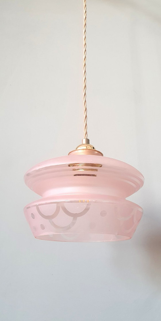 Image 1 of Vintage hanglamp - rose opaline glas met frosted textuur en decoratie 