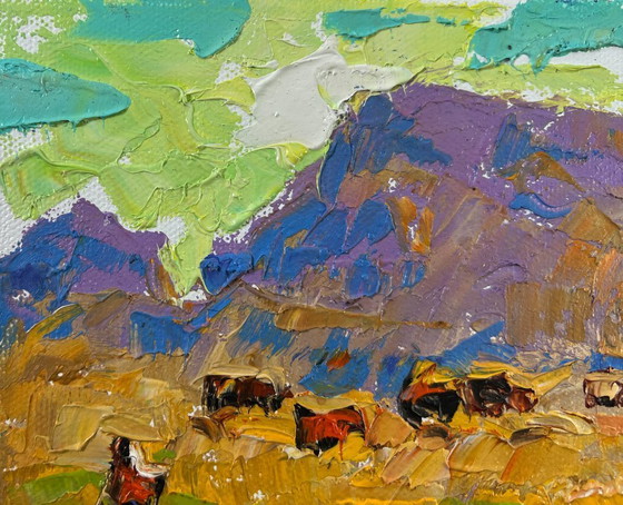 Image 1 of Original Oil Painting Evening Field Landscape Winds over the steppe
