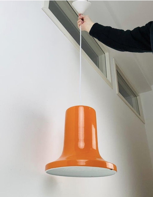 Orange enamel pendant lamp, modernist/space age design 1960