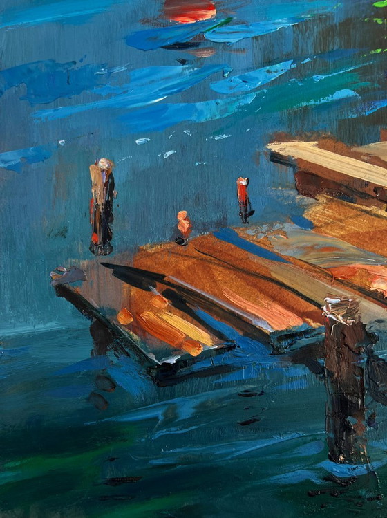 Image 1 of Original Oil Painting Summer Coastal Landscape Old wooden pier leading into the sea
