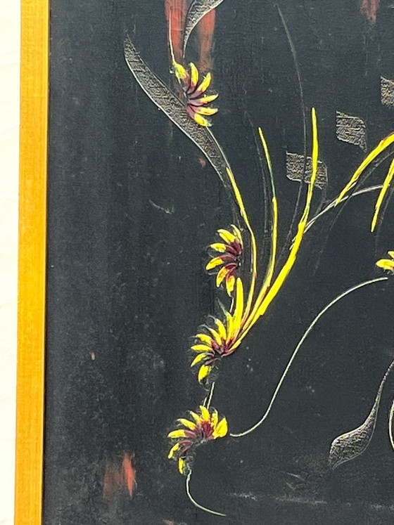 Image 1 of Vintage painting by S. Dewael, 1974, floral composition on a black background