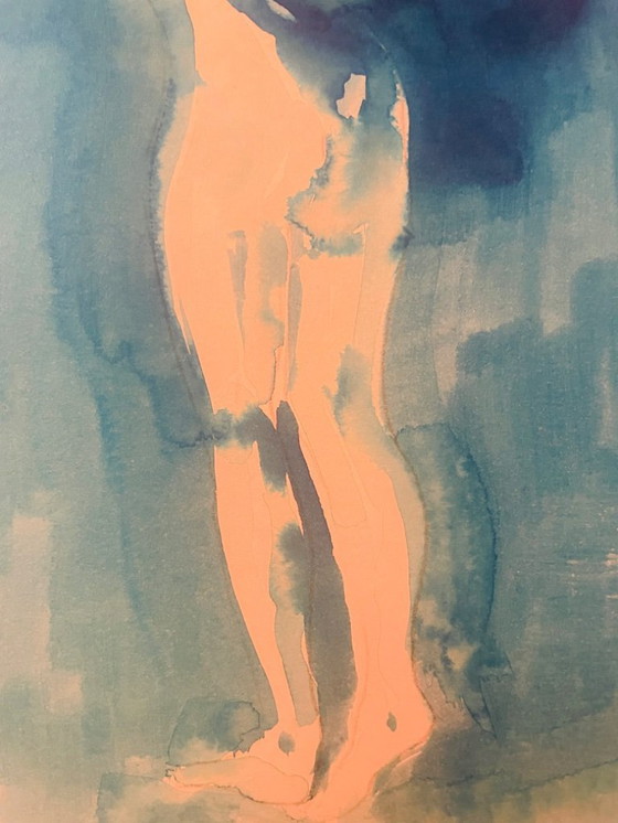 Image 1 of Monochroom blauw aquarel gesigneerd "Blue Lady" Dans