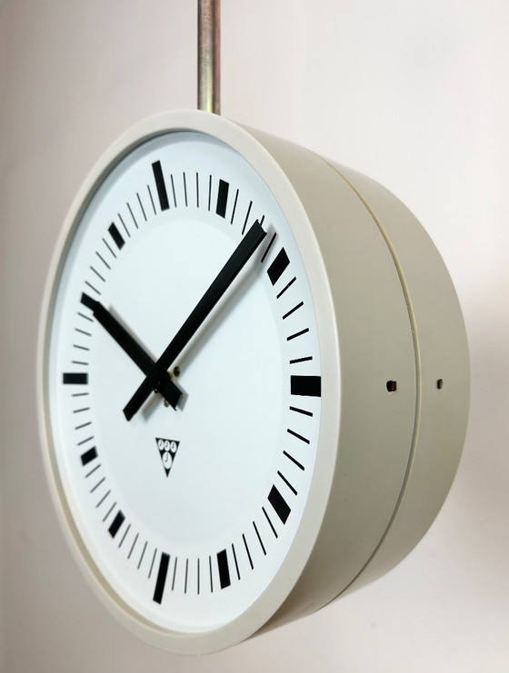 Image 1 of Grey Industrial Bakelite Double Sided Factory Clock from Pragotron, 1980s