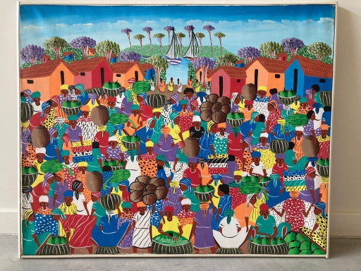 M. Similien - Escena de mercado haitiano colorida con veleros - Óleo sobre lienzo
