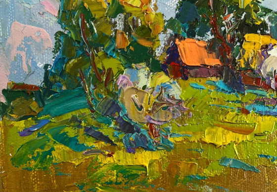 Image 1 of Original Oil Painting Summer Village Landscape Clouds drifting in the sky
