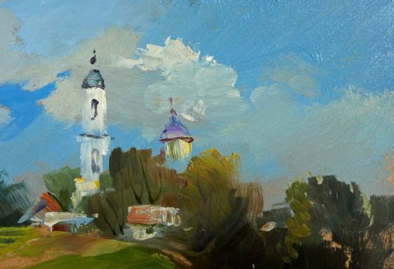 Image 1 of Origineel olieverfschilderij: Zomerlandschap met kerk. De dorpskerk is zichtbaar.