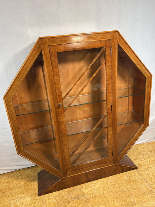 Art Deco Vintage Brocante Walnut Hexagonal Display Cabinet – 1920–1930 Striking Geometric Design | Elegant Display Storage