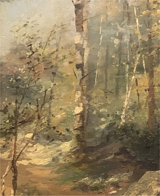 Image 1 of Huile sur toile ancienne signée, paysage de sous-bois 1893, cadre doré