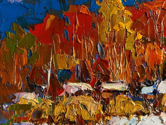 Image 1 of Original Oil Painting Snow Village Landscape Sunny winter day